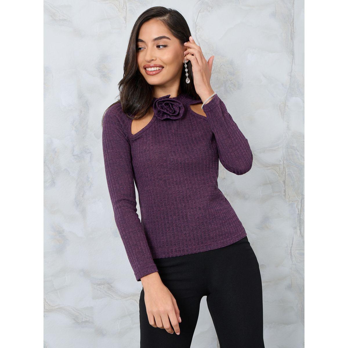 Styli Cut-Out & Corsage Detail Fitted Knit Top-women-clothing-shirtsandblouses-blouses-image-1