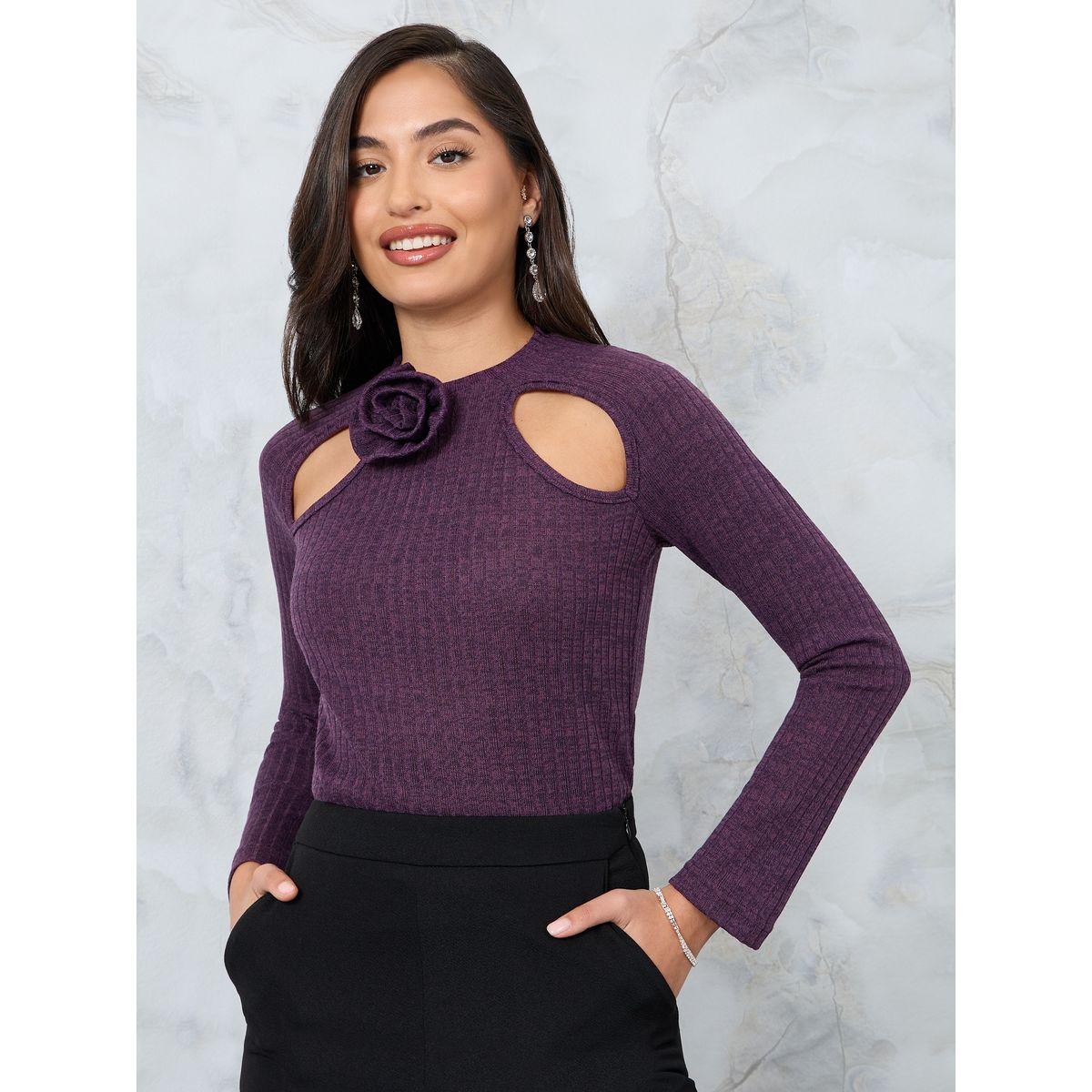 Styli Cut-Out & Corsage Detail Fitted Knit Top-women-clothing-shirtsandblouses-blouses-image-3