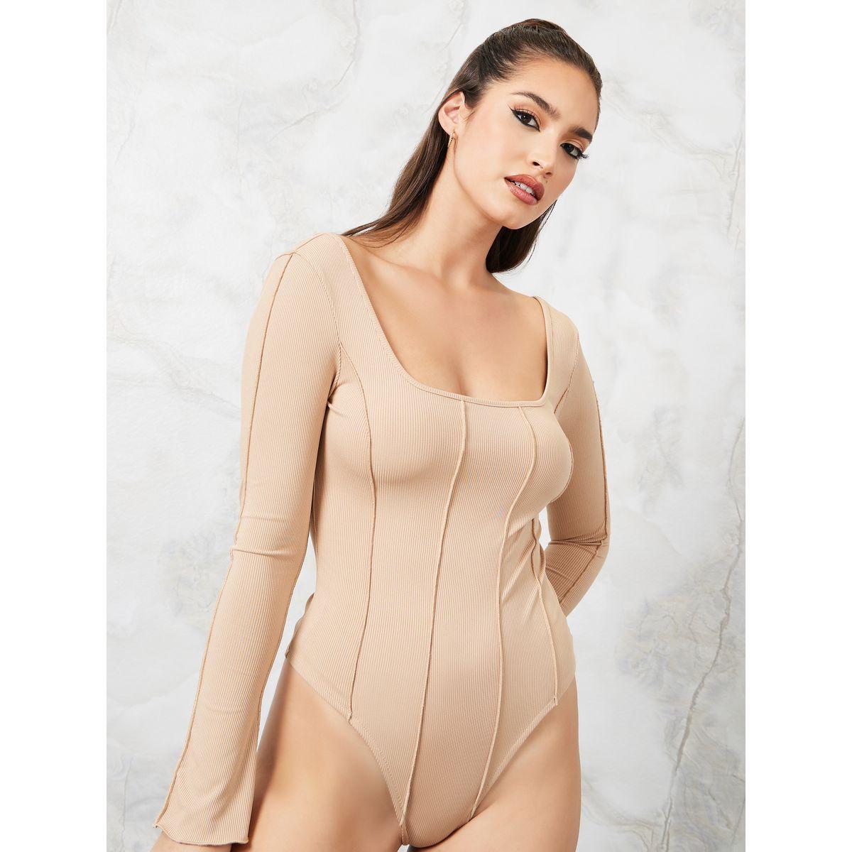 Styli Square Neck Seam Detail Fitted Knit Bodysuit-women-clothing-tshirts-image-1