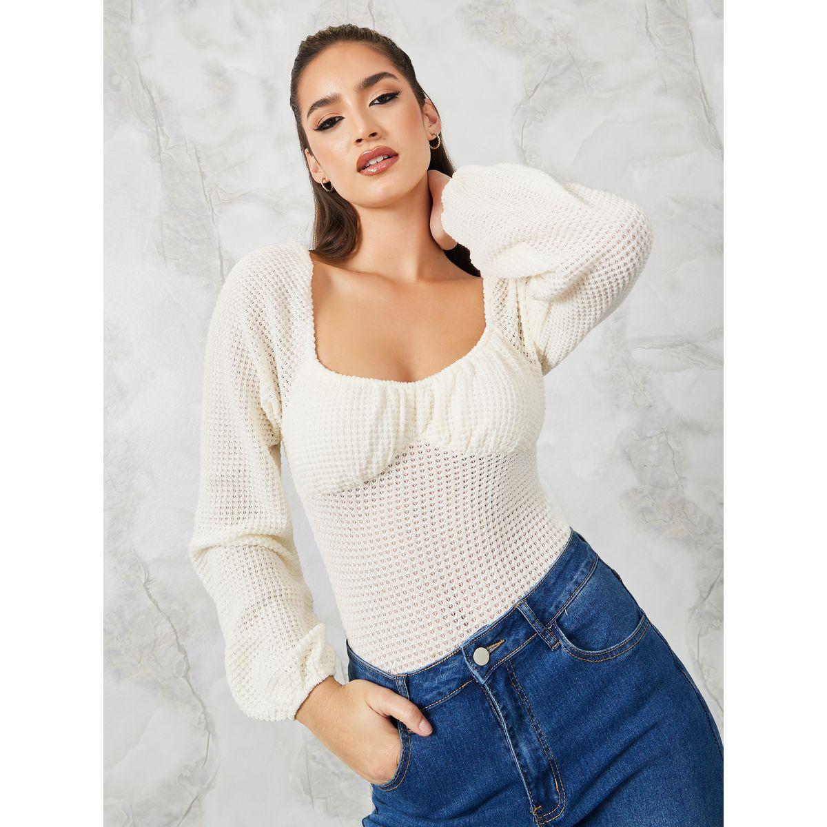 Styli Textured Wide Neck Fitted Bodysuit-women-clothing-tshirts-image-2