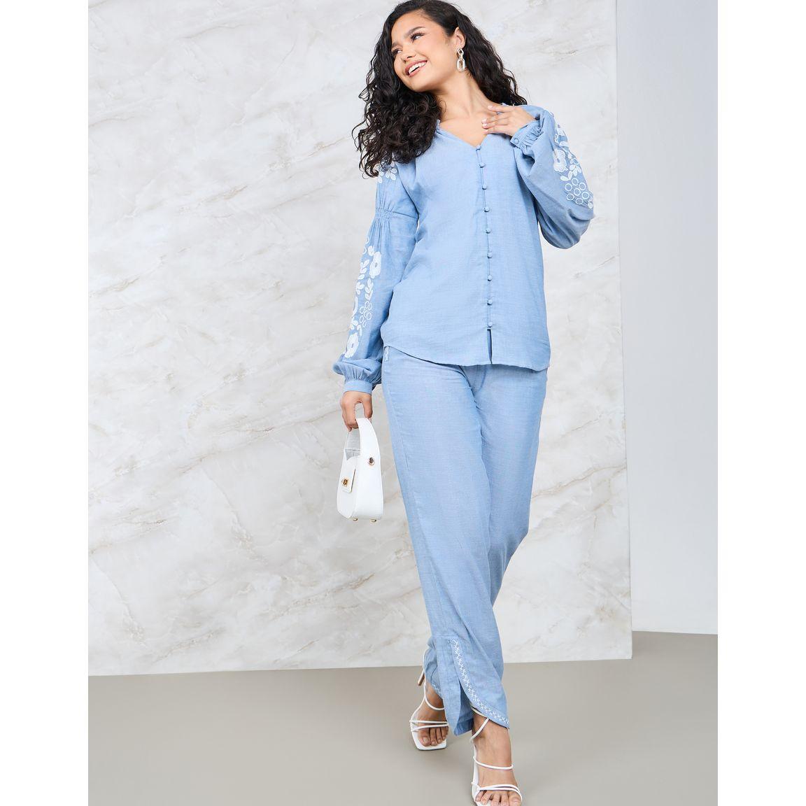 طقم منسق من بنطال وبلوزة بأزرار-women-clothing-coordsets-image-1