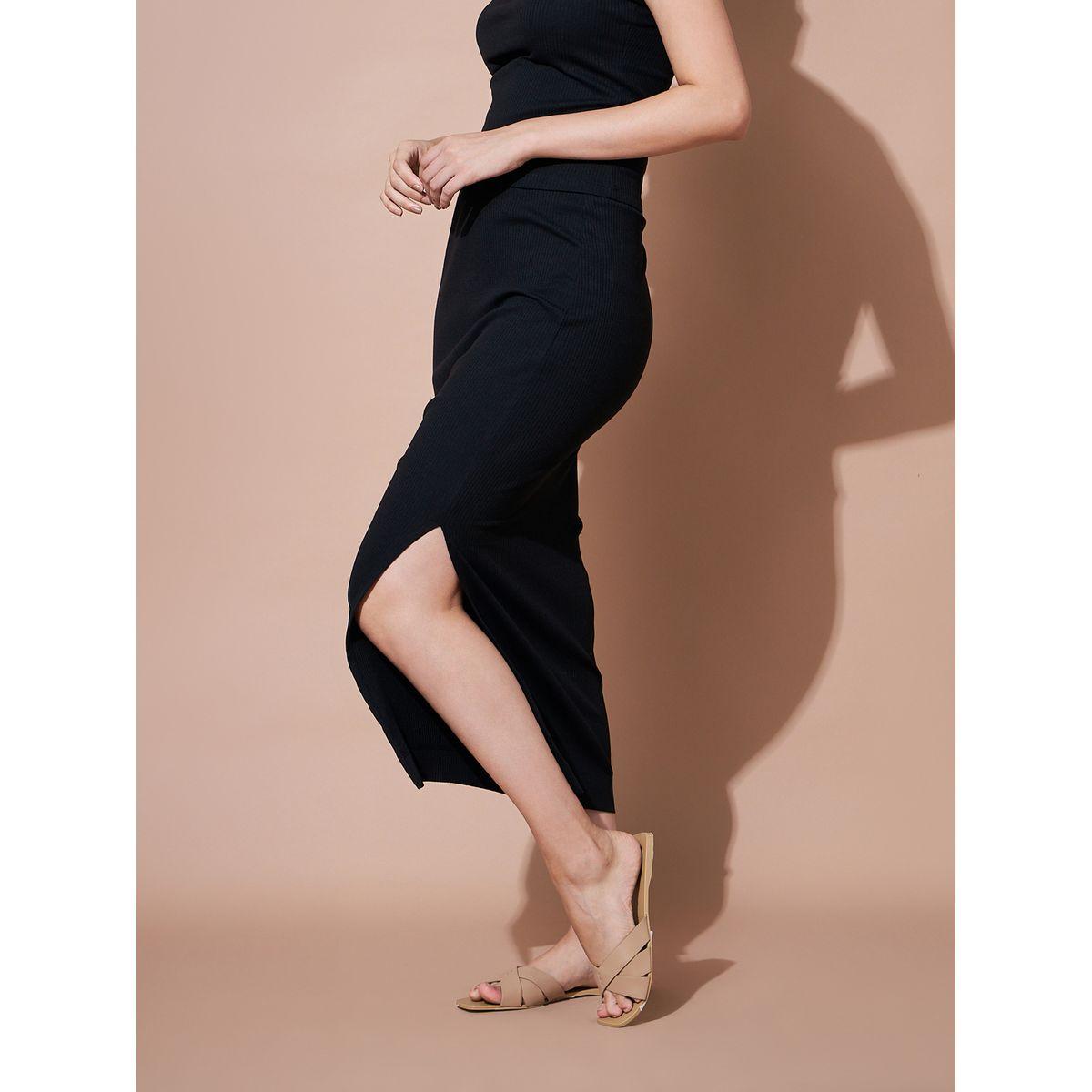 Sassafras X Styli Solid High Rise Rib Pencil Skirt With Side Slit-women-clothing-bottoms-skirts-image-3