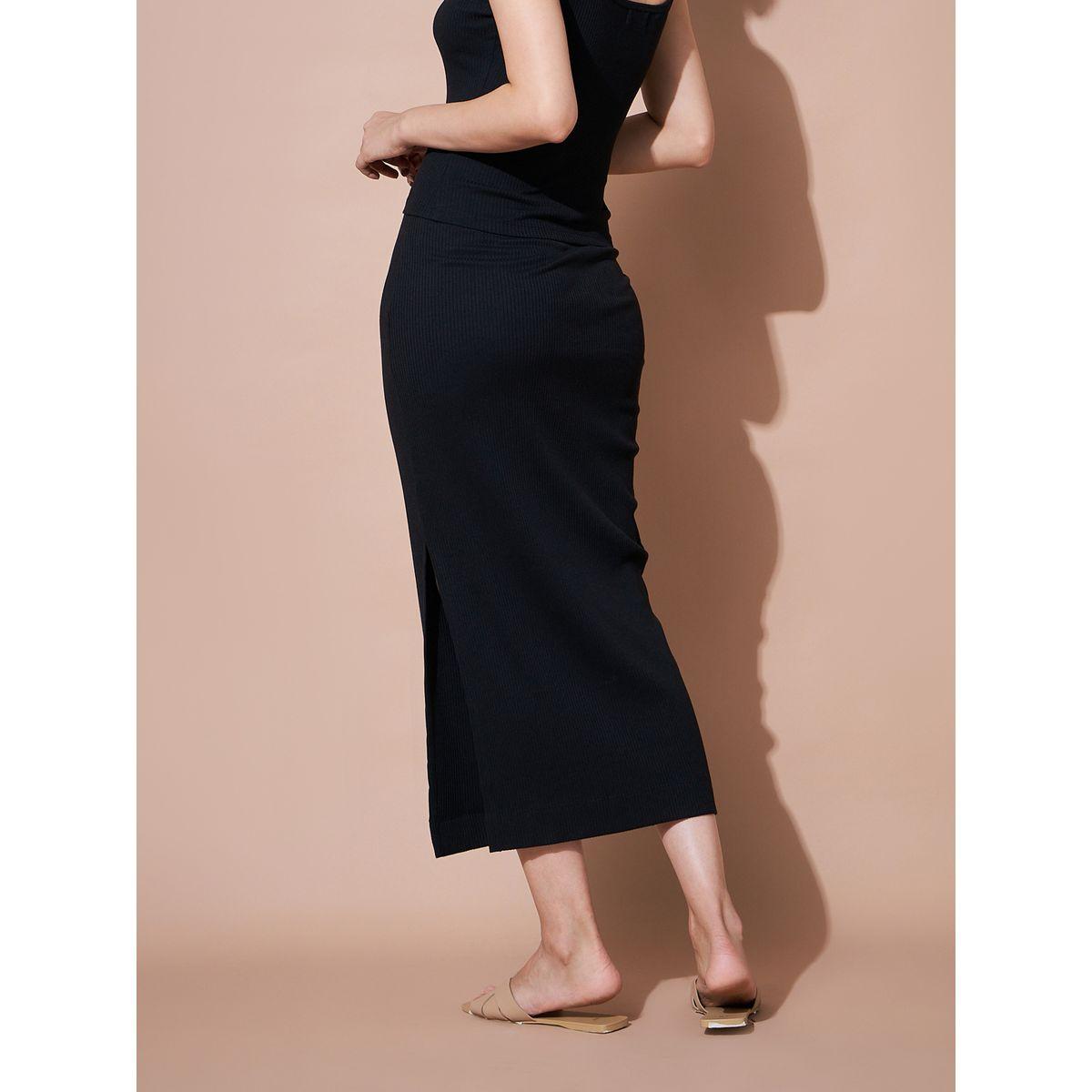 Sassafras X Styli Solid High Rise Rib Pencil Skirt With Side Slit-women-clothing-bottoms-skirts-image-5