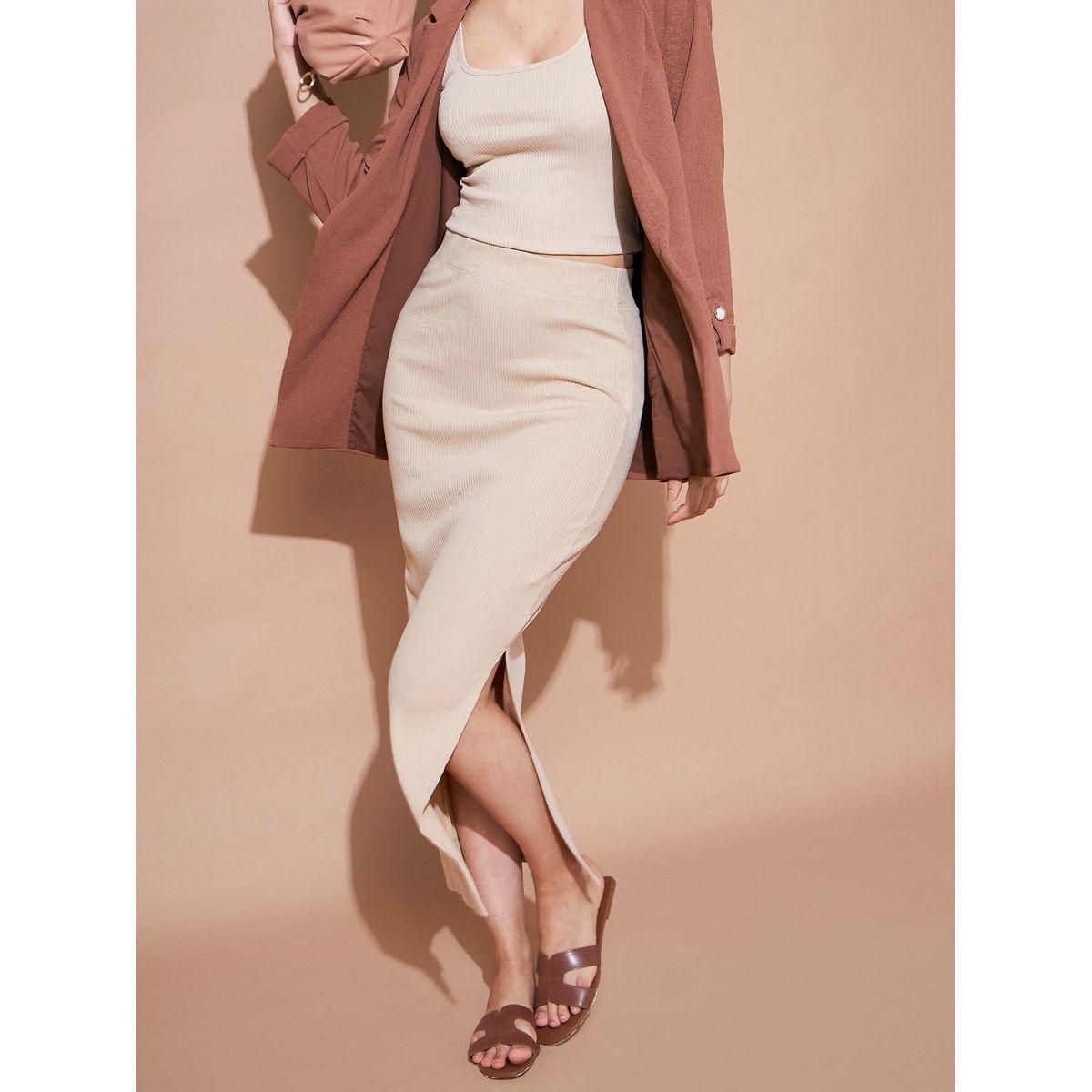 Sassafras X Styli Solid High Rise Rib Pencil Skirt With Side Slit-women-clothing-bottoms-skirts-image-1