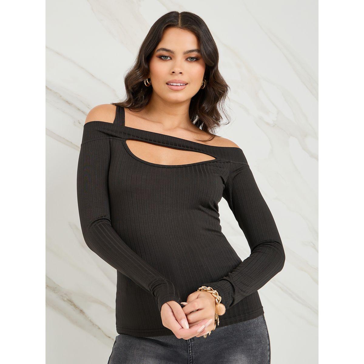 Styli Wide Ribbed Asymmetric Cut-Out Neck Fitted Knit Top-women-clothing-shirtsandblouses-blouses-image-3