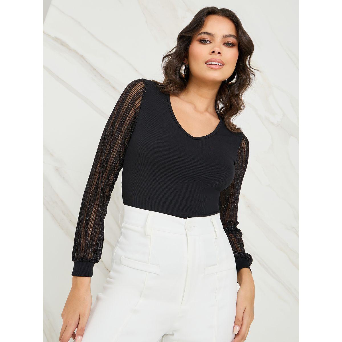 Styli V Neck Contrast Mesh Sleeve Fitted Knit Top-women-clothing-shirtsandblouses-blouses-image-1