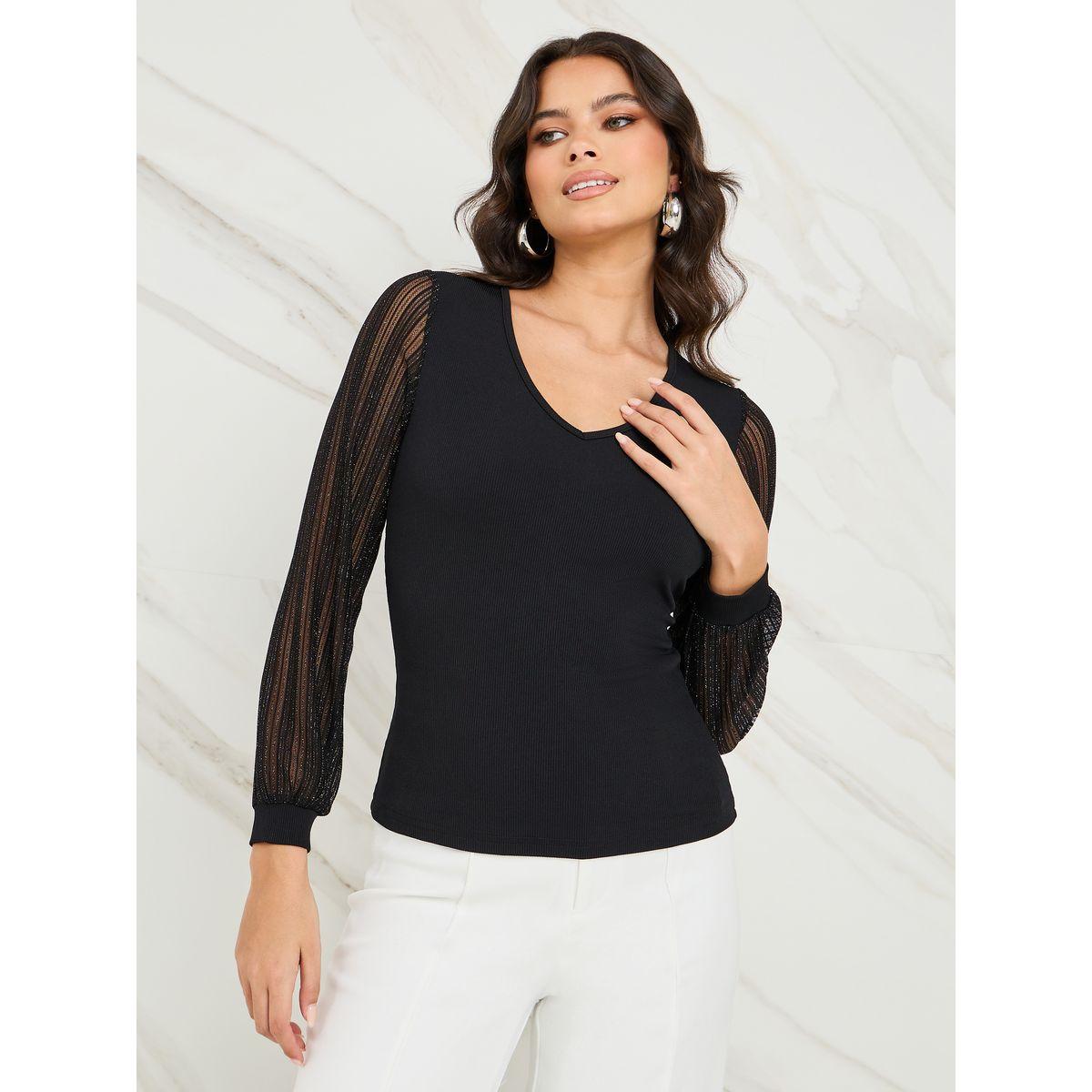 بلوزة محبوكة بتفاصيل شبكية-women-clothing-shirtsandblouses-blouses-image-3