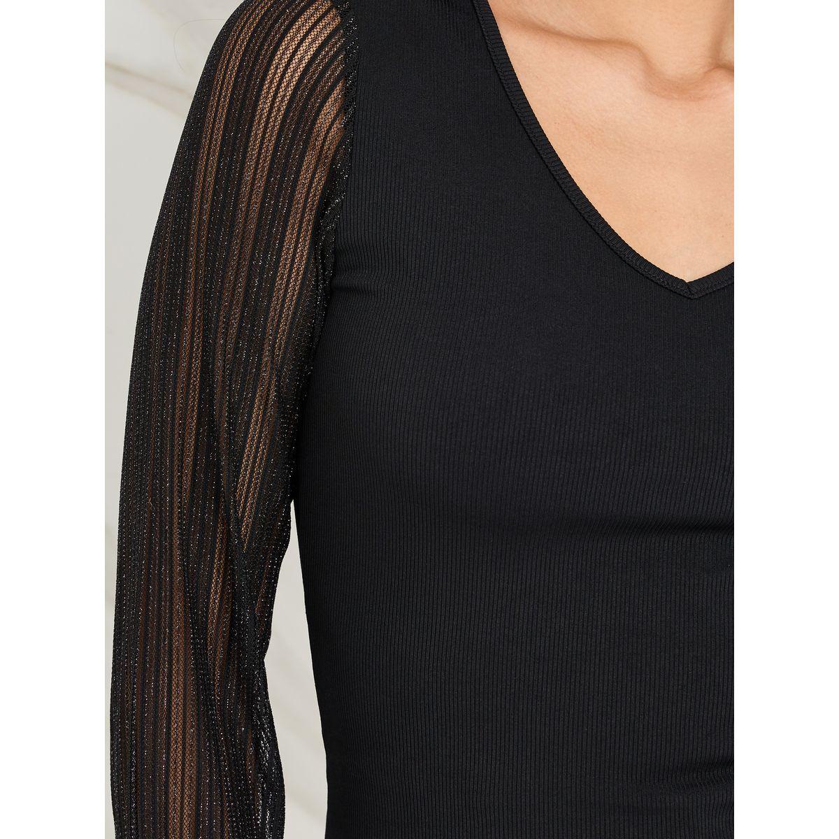 Styli V Neck Contrast Mesh Sleeve Fitted Knit Top-women-clothing-shirtsandblouses-blouses-image-4