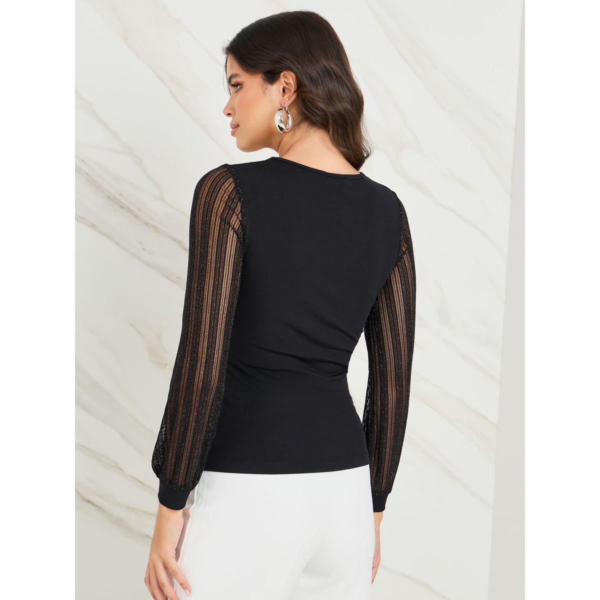 Styli V Neck Contrast Mesh Sleeve Fitted Knit Top-women-clothing-shirtsandblouses-blouses-image-5