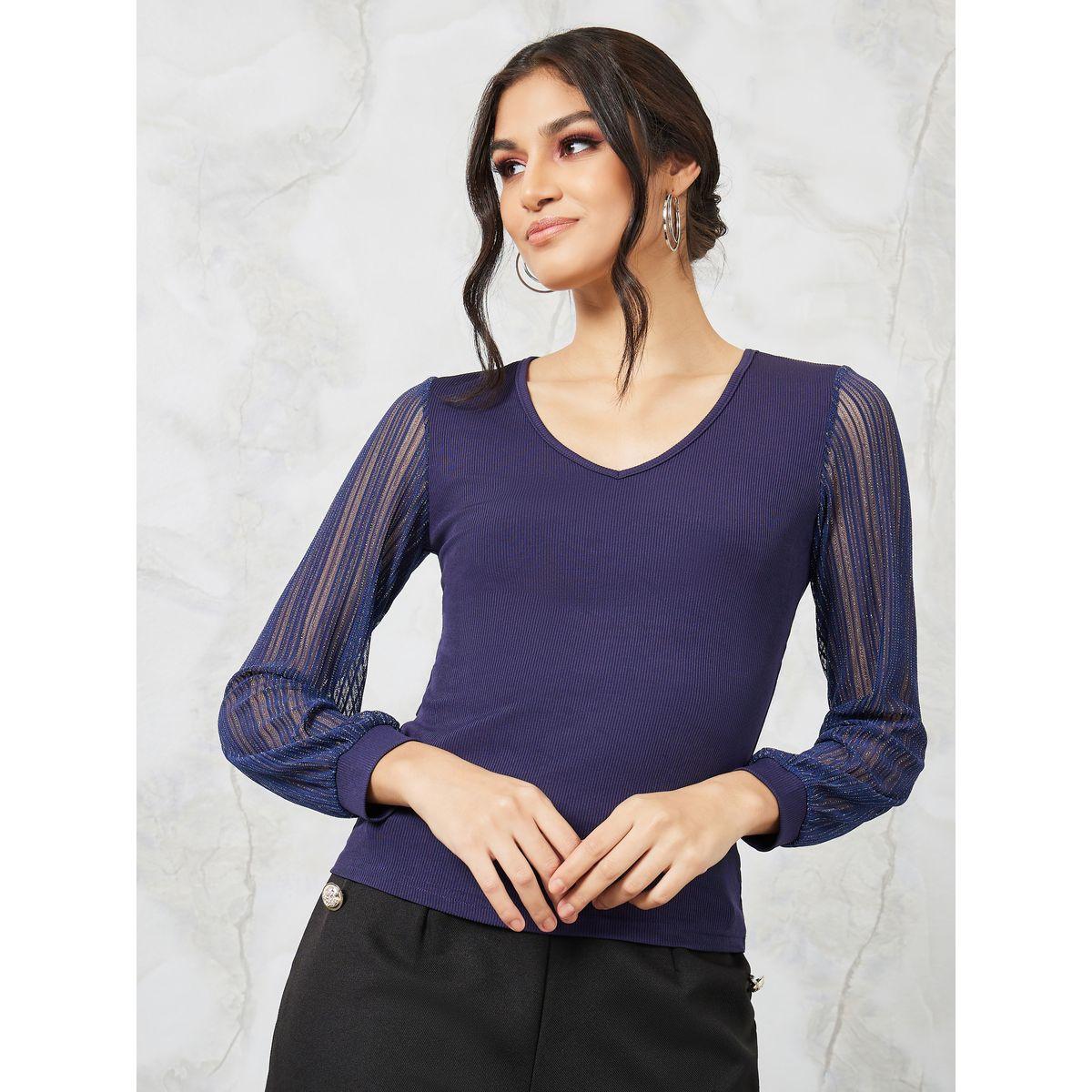 Styli Contrast Mesh Sleeve V Neck Fitted Knit Top-women-clothing-shirtsandblouses-blouses-image-4