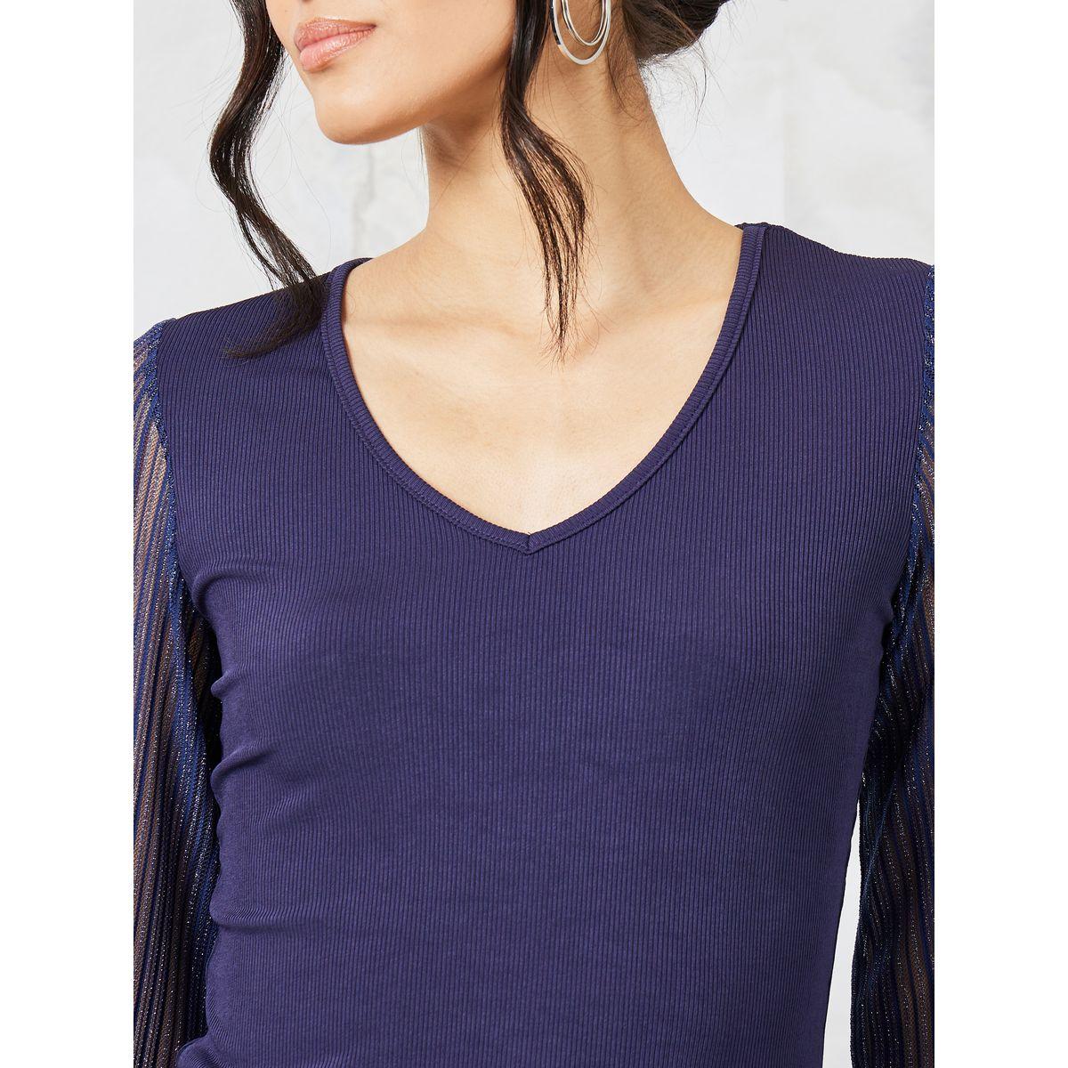 Styli Contrast Mesh Sleeve V Neck Fitted Knit Top-women-clothing-shirtsandblouses-blouses-image-5