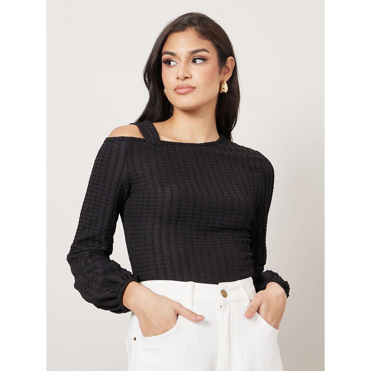 Styli Textured Asymmetric Neck Fitted Knit Top-women-clothing-shirtsandblouses-blouses-image-1