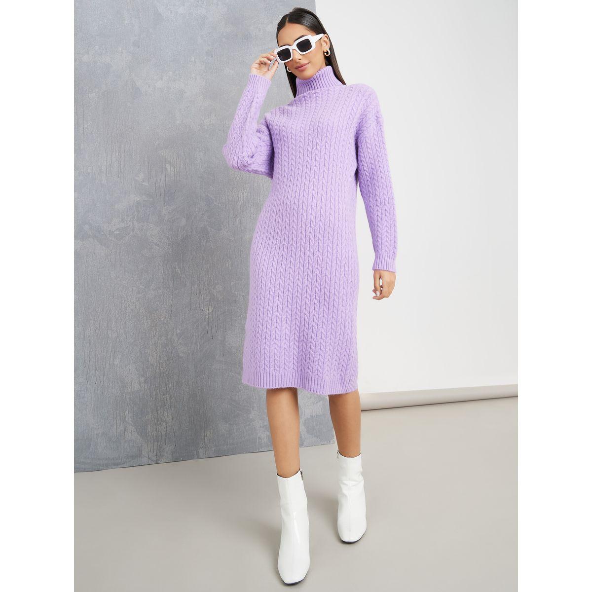 Styli Turtle Neck Cable Knit Knee Length Sweater Dress-women-clothing-dresses-image-2