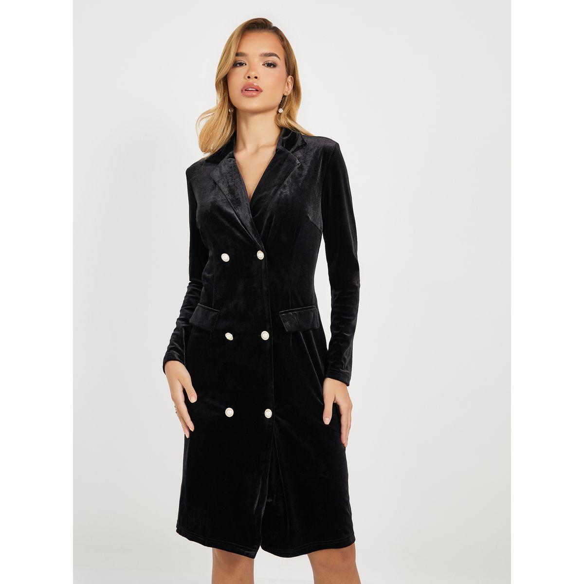 فستان قصير مخمل بصفين أزرار وياقة بشق-women-clothing-dresses-image-5