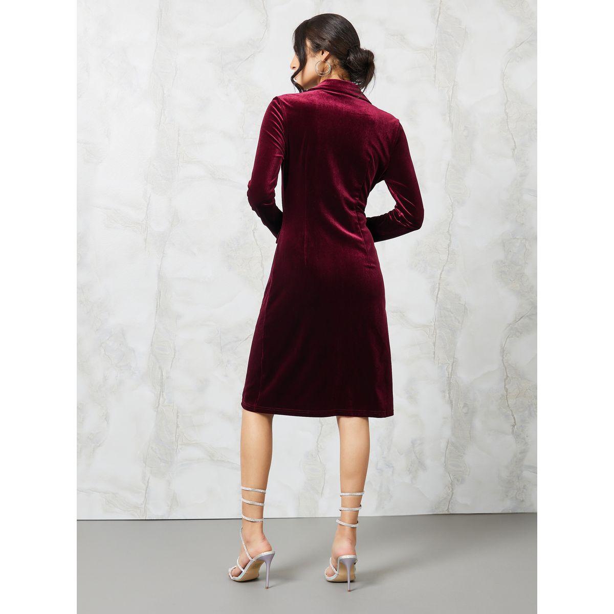Styli Notch Lapel Double Breasted Velvet Knee-Length Dress-women-clothing-dresses-image-4