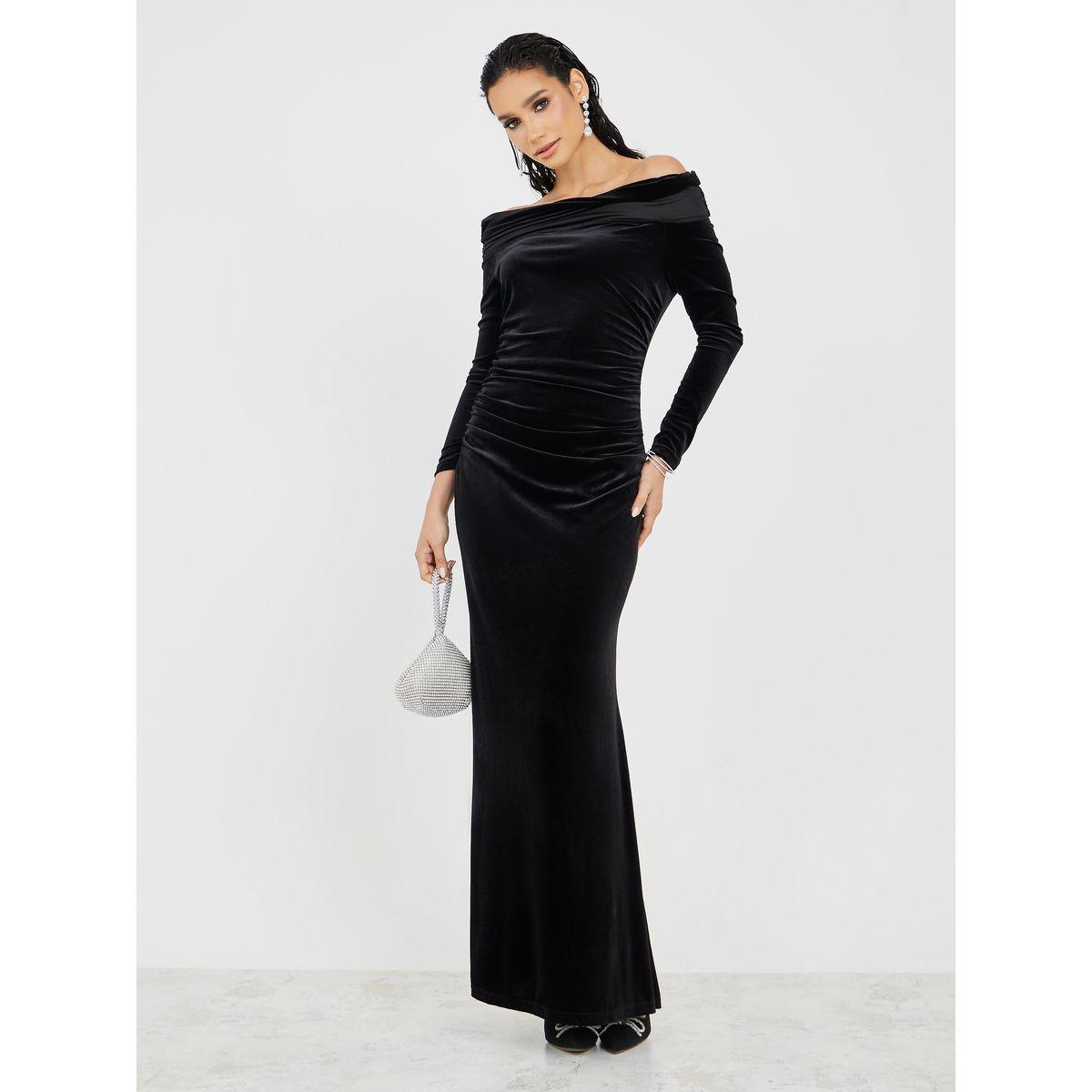 Styli Velvet Look Off Shoulder Sheath Maxi Dress-women-clothing-dresses-image-1