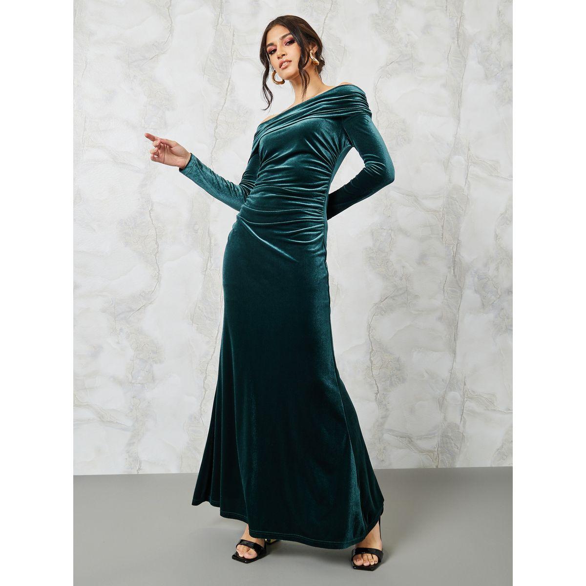 Styli Velvet Look Off Shoulder A-Line Maxi Dress-women-clothing-dresses-image-1