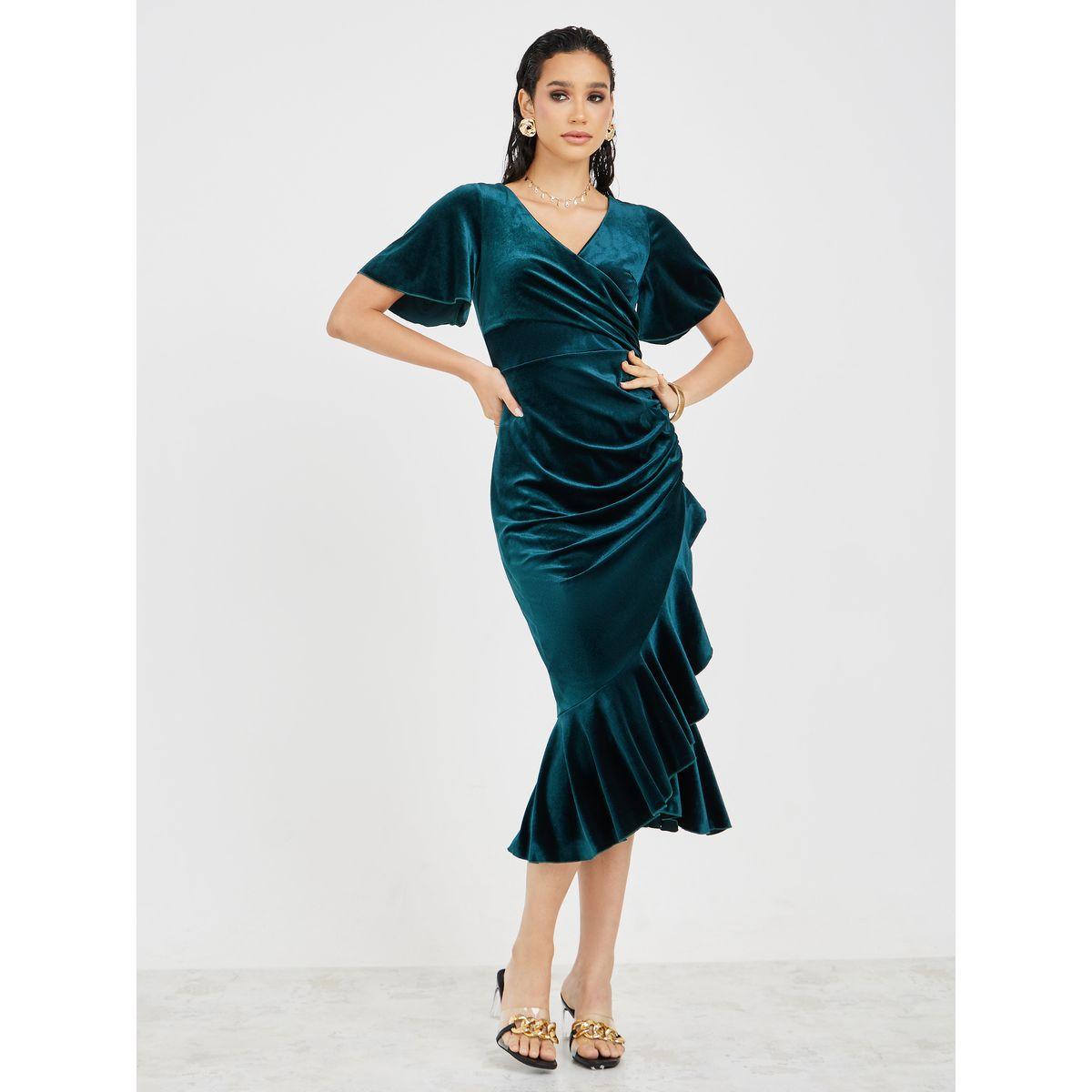 Styli Velvet Look Frill Hem Wrap Front Midi Dress-women-clothing-dresses-image-1
