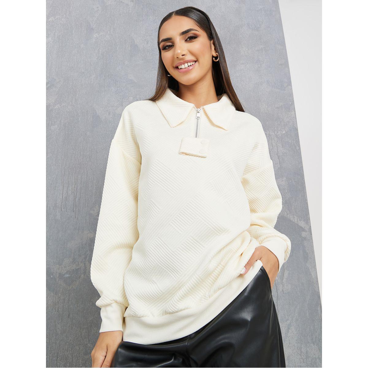 Styli Solid Textured Half Zip Collared Sweatshirt-women-winterwear-hoodiesandsweatshirts-sweatshirts-image-1