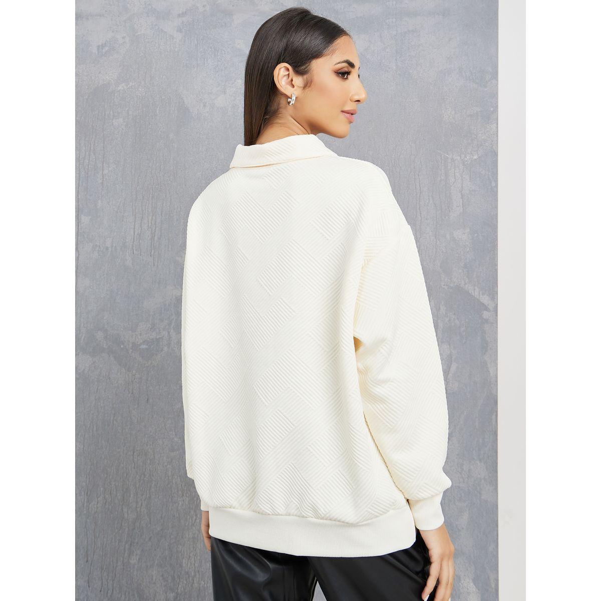 Styli Solid Textured Half Zip Collared Sweatshirt-women-winterwear-hoodiesandsweatshirts-sweatshirts-image-5