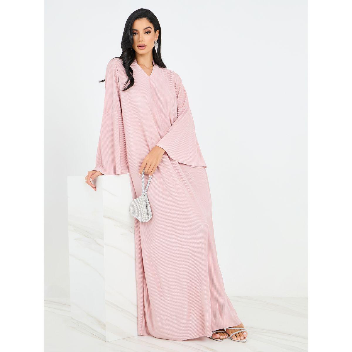 Styli Notch Neck Plisse Jalabiya with Bell Sleeve-women-arabicclothing-jalabiyas-image-1