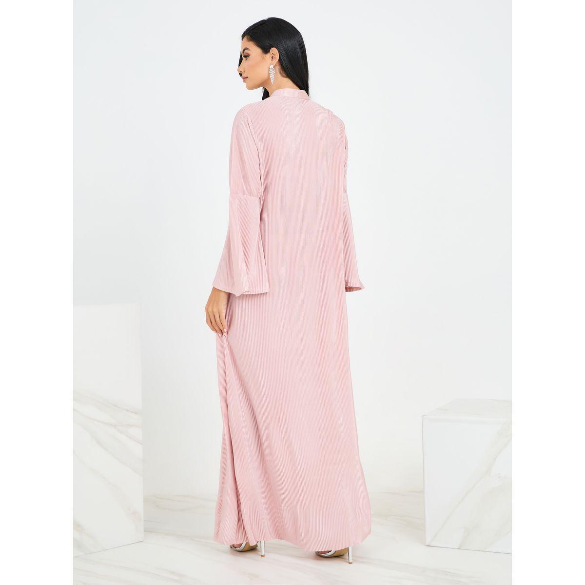 Styli Notch Neck Plisse Jalabiya with Bell Sleeve-women-arabicclothing-jalabiyas-image-5