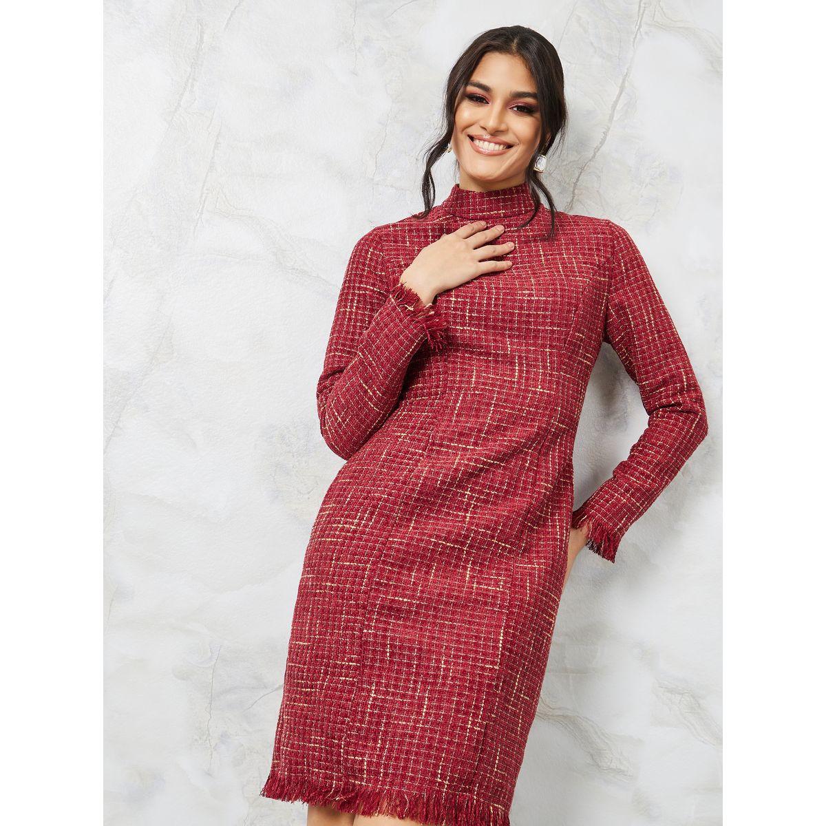 فستان قصير تويد بحواف ممزقة-women-clothing-dresses-image-1