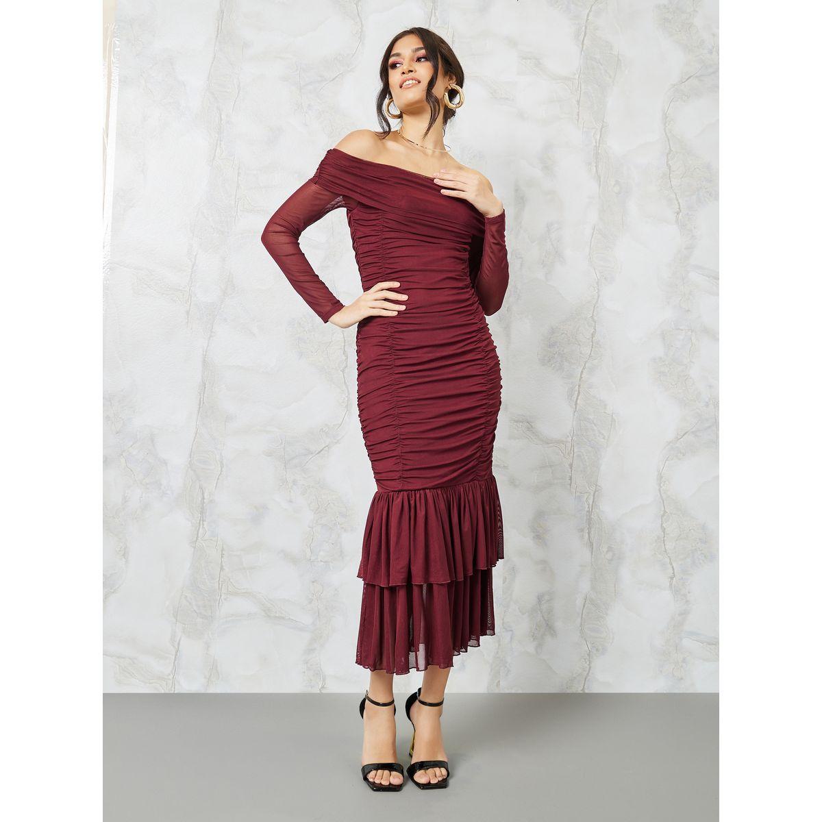 Styli Off Shoulder Fishtail Ruffle Design Midi Dress-women-clothing-dresses-image-1