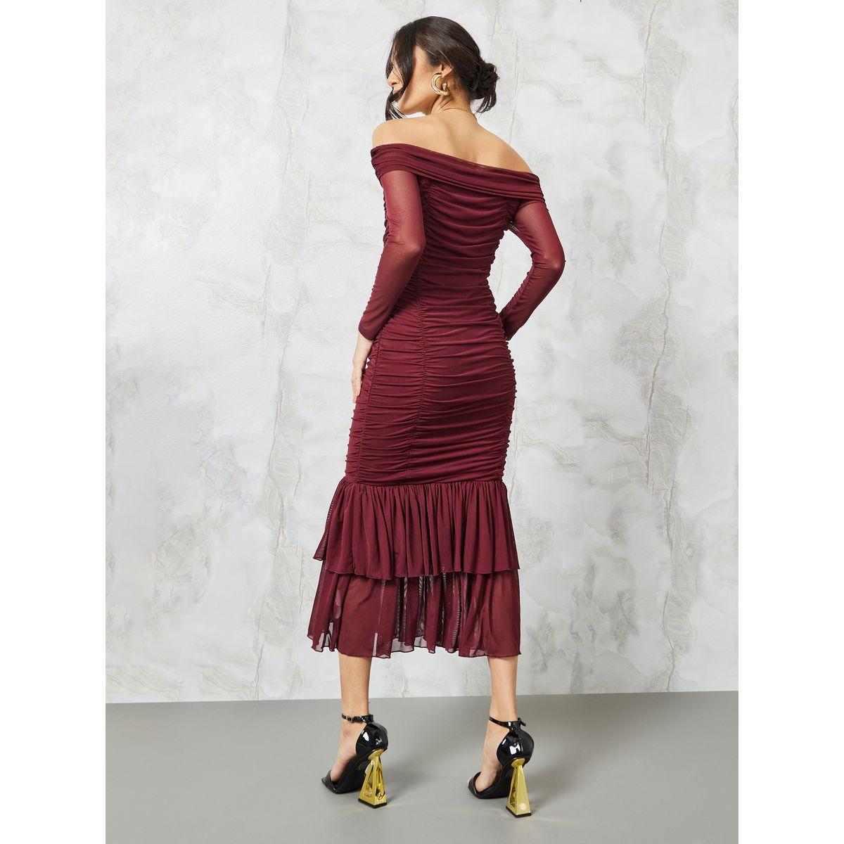 Styli Off Shoulder Fishtail Ruffle Design Midi Dress-women-clothing-dresses-image-4