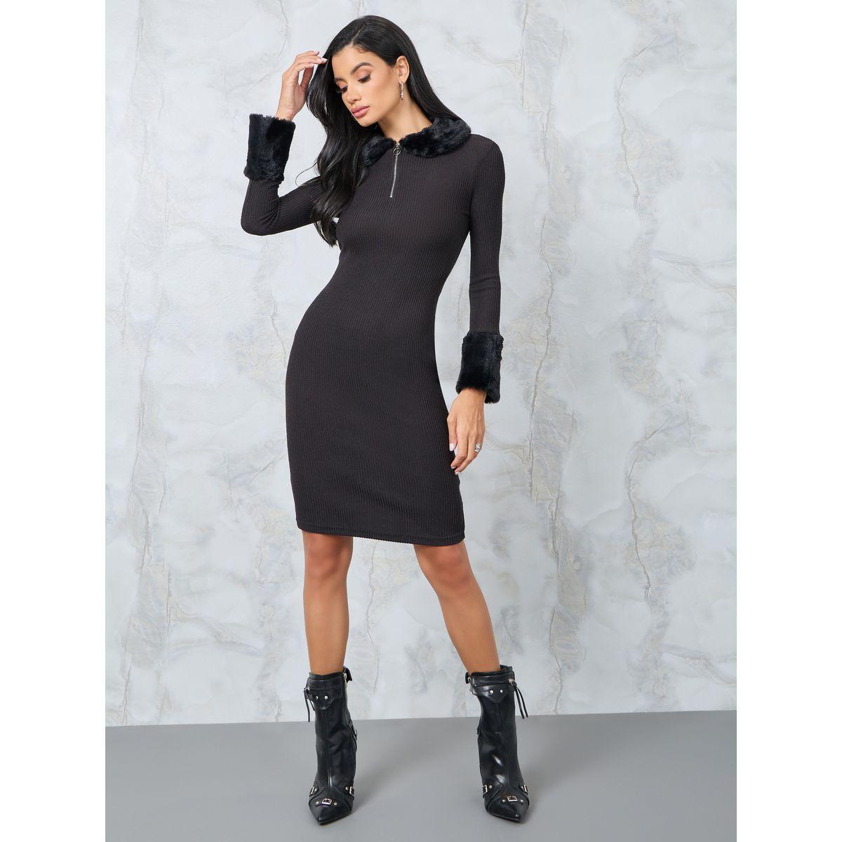 Styli Faux Fur Collar Ribbed Knee Length Dress-women-clothing-dresses-image-1