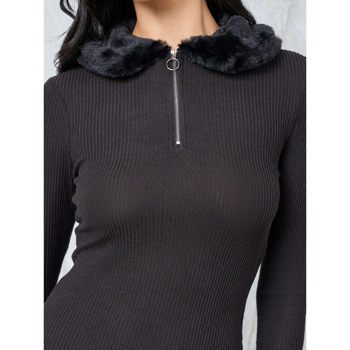 Styli Faux Fur Collar Ribbed Knee Length Dress-women-clothing-dresses-image-3