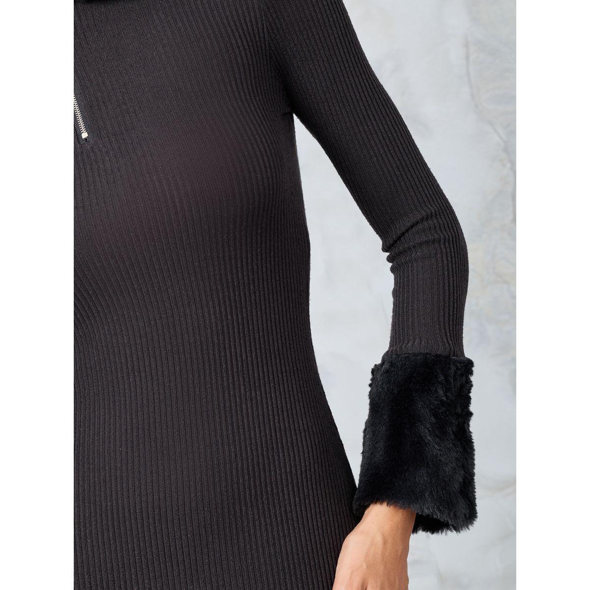 Styli Faux Fur Collar Ribbed Knee Length Dress-women-clothing-dresses-image-4