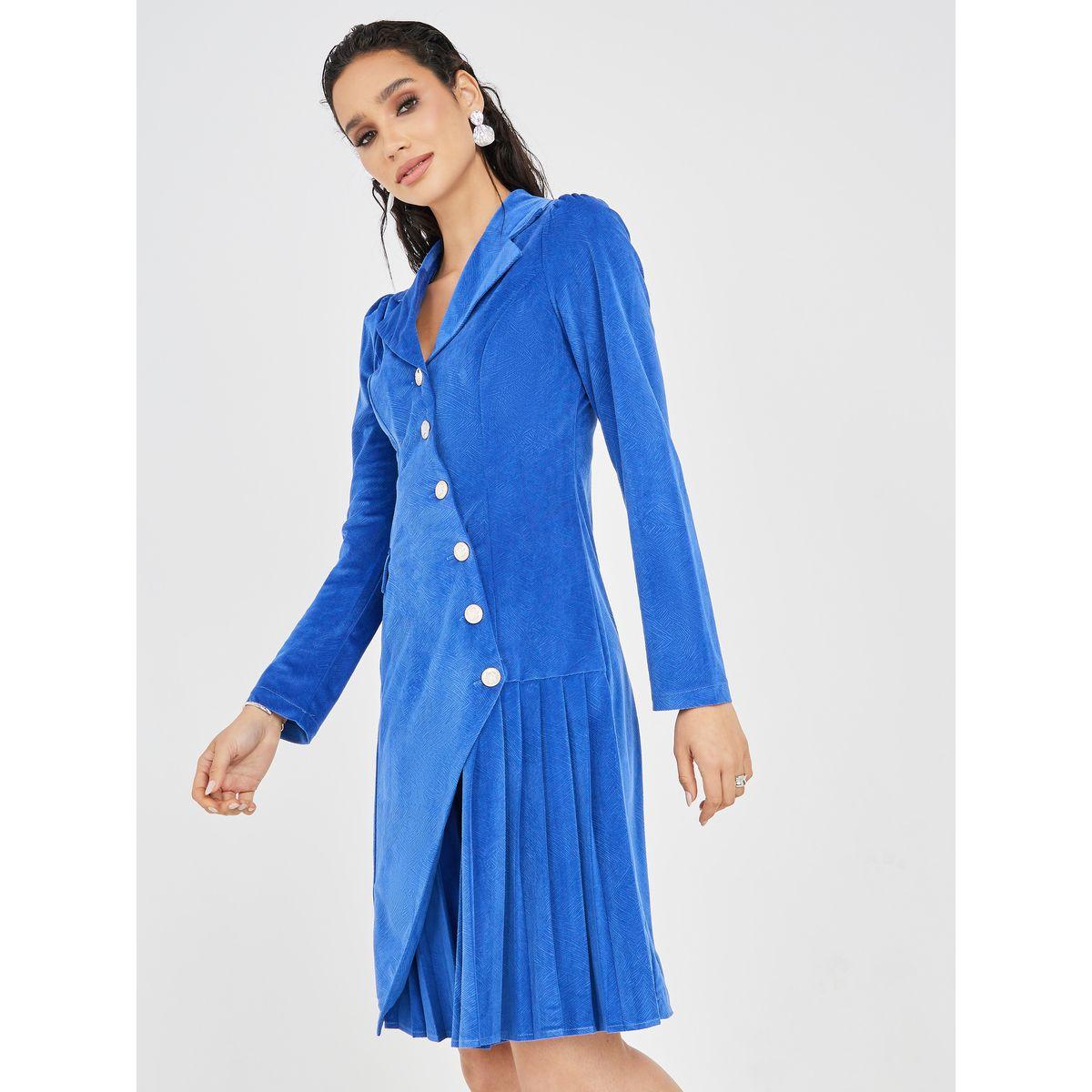 Styli Textured Pleated Hem Asymmetric Blazer Knee Length Dress-women-clothing-dresses-image-2