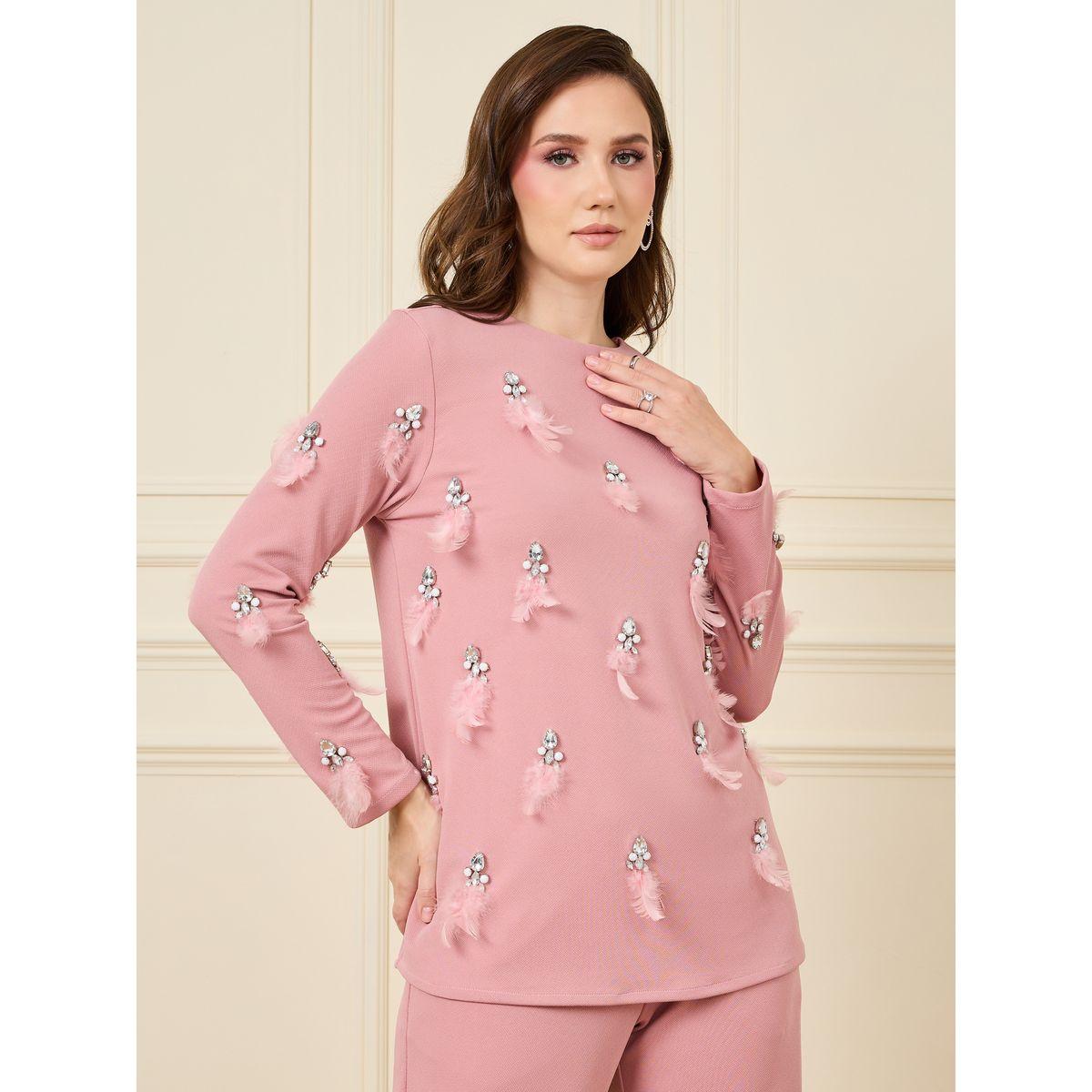 Styli Feather Embellished Long Sleeve Top & Pants Co-Ord-women-clothing-coordsets-image-2