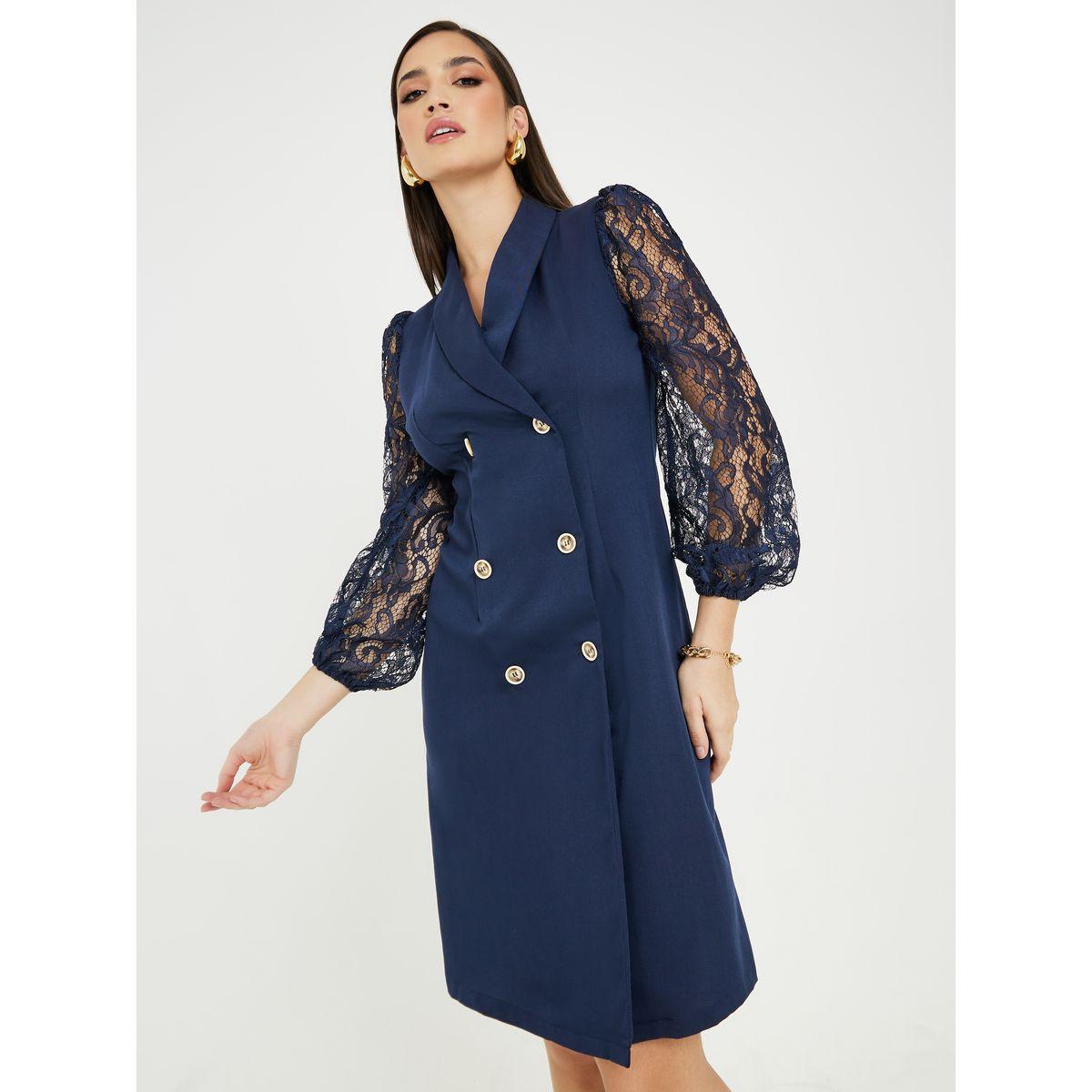 Styli Notch Lapel Lace Insert Blazer Knee Length Dress-women-clothing-dresses-image-1
