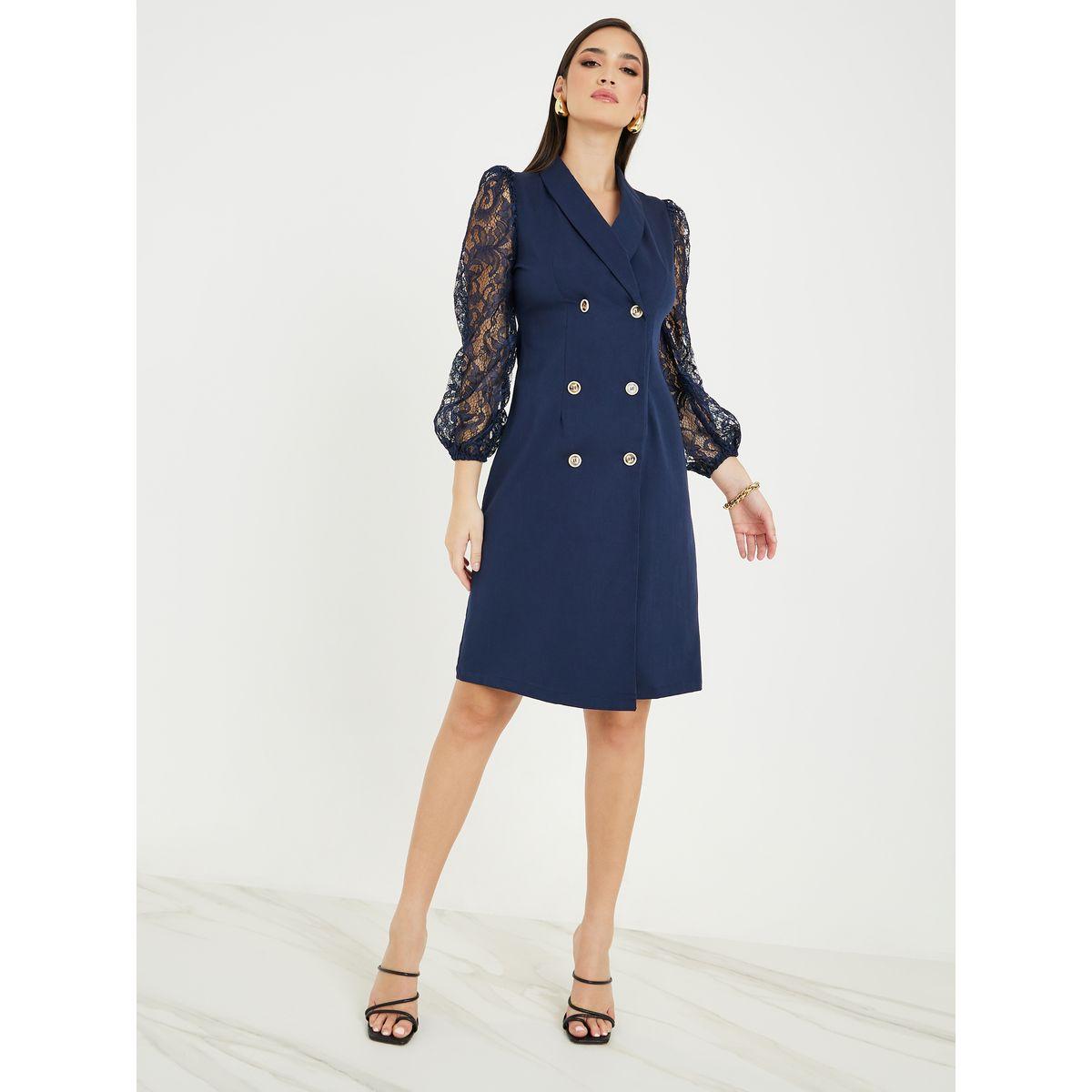 Styli Notch Lapel Lace Insert Blazer Knee Length Dress-women-clothing-dresses-image-2