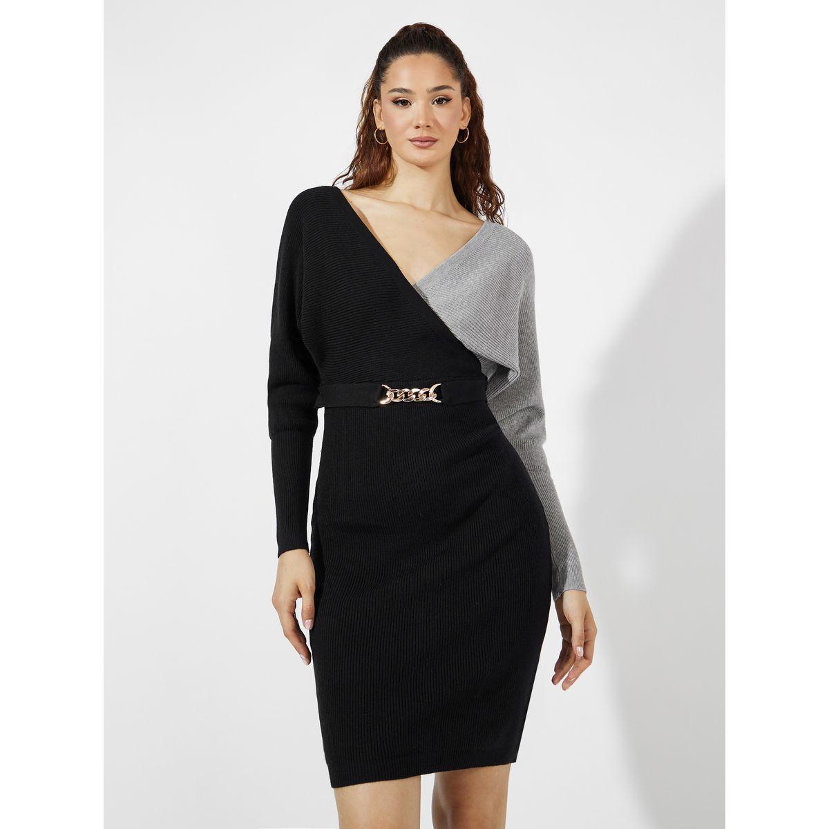 Styli Deep V Neck Colorblock Sweater Knee Length Dress-women-clothing-dresses-image-1