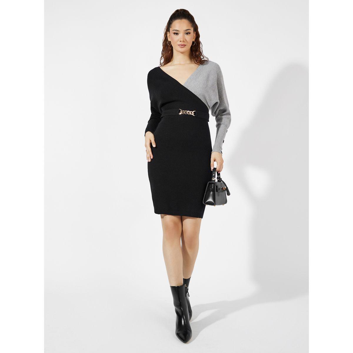 Styli Deep V Neck Colorblock Sweater Knee Length Dress-women-clothing-dresses-image-2