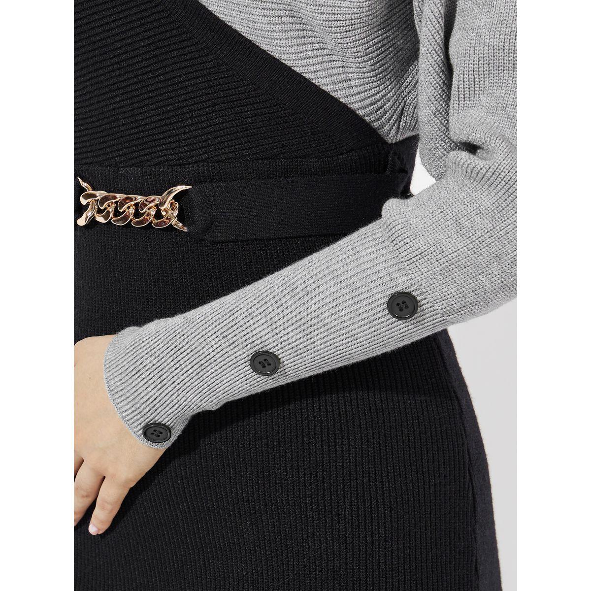 Styli Deep V Neck Colorblock Sweater Knee Length Dress-women-clothing-dresses-image-3