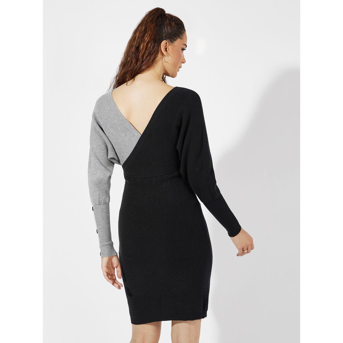 Styli Deep V Neck Colorblock Sweater Knee Length Dress-women-clothing-dresses-image-5