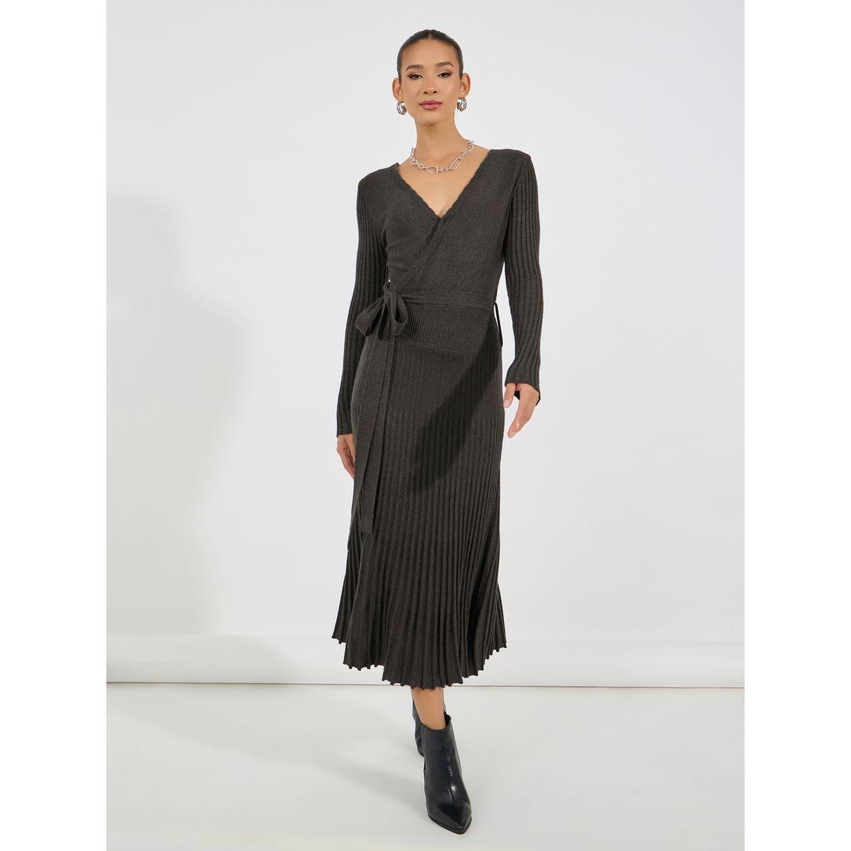 Styli Pleated Hem Knitted Sweater Midi Dress with Tie Belt-women-clothing-dresses-image-1
