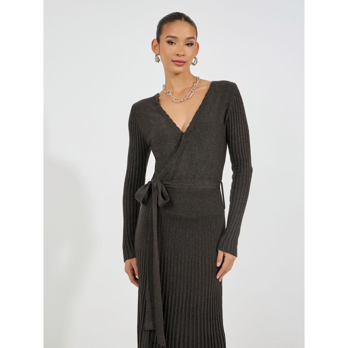 Styli Pleated Hem Knitted Sweater Midi Dress with Tie Belt-women-clothing-dresses-image-2