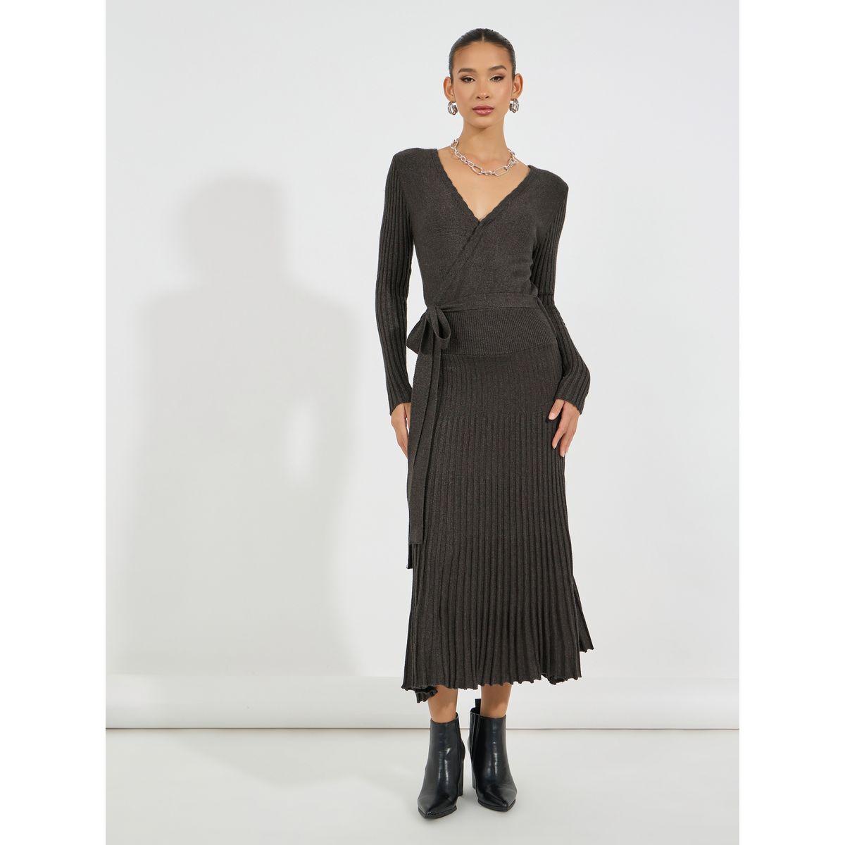 Styli Pleated Hem Knitted Sweater Midi Dress with Tie Belt-women-clothing-dresses-image-4
