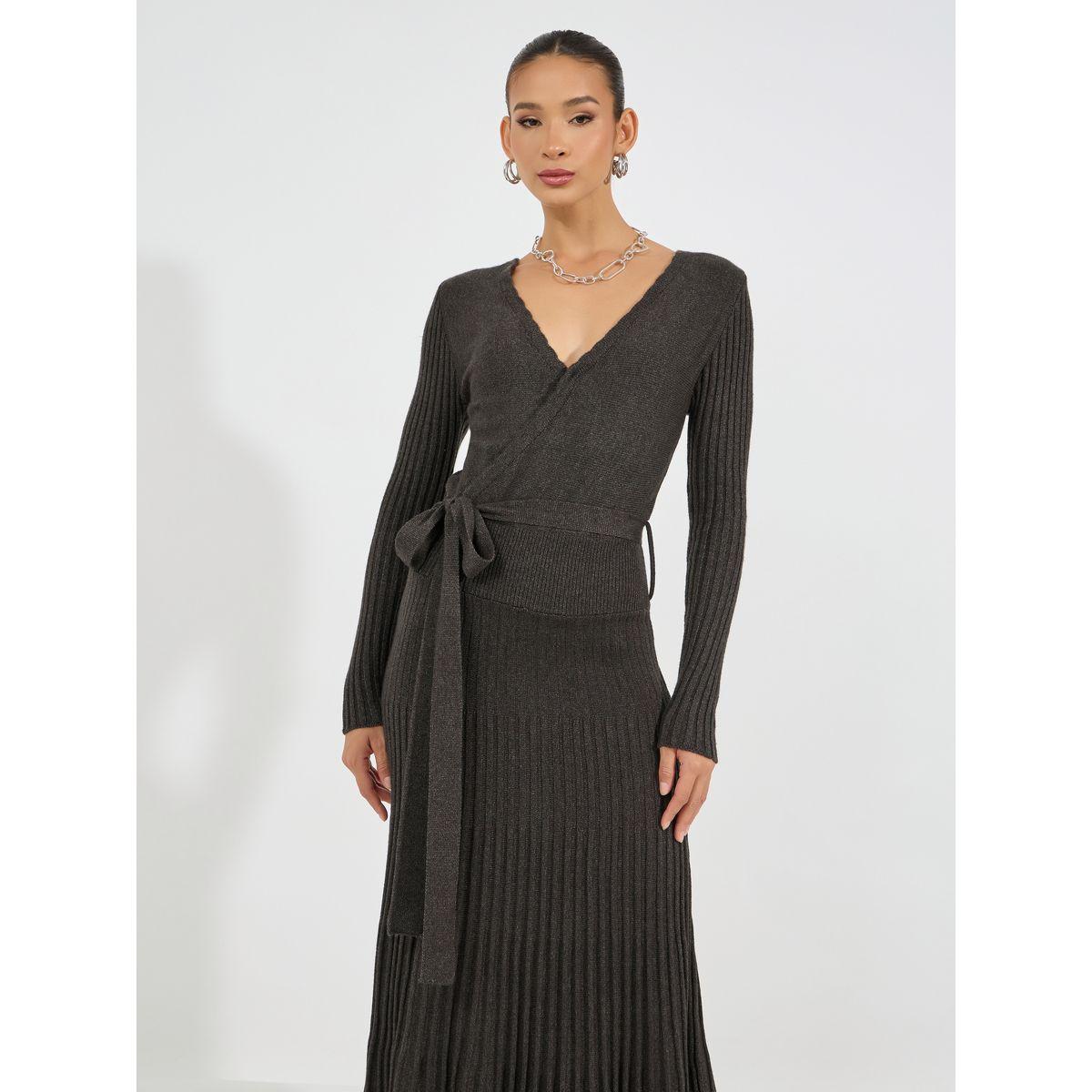 Styli Pleated Hem Knitted Sweater Midi Dress with Tie Belt-women-clothing-dresses-image-5