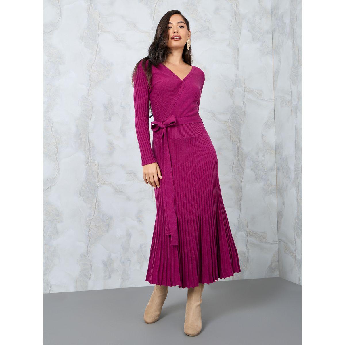 Styli Pleated Hem Knit Sweater Midi Dress with Tie Waist-women-clothing-dresses-image-1