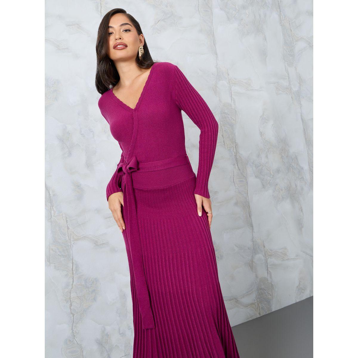 Styli Pleated Hem Knit Sweater Midi Dress with Tie Waist-women-clothing-dresses-image-2