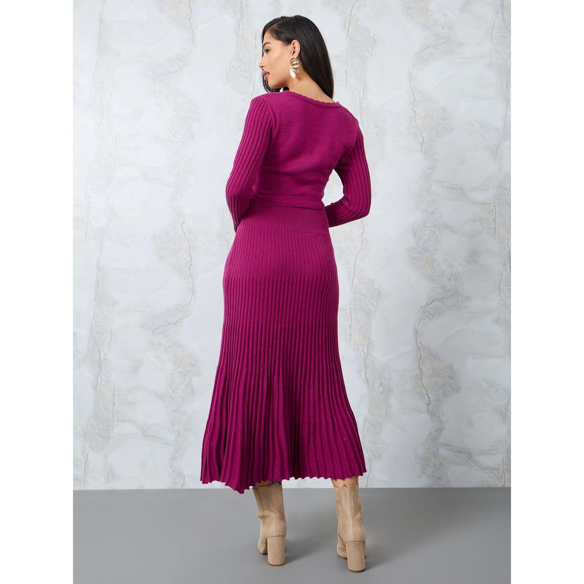 Styli Pleated Hem Knit Sweater Midi Dress with Tie Waist-women-clothing-dresses-image-4