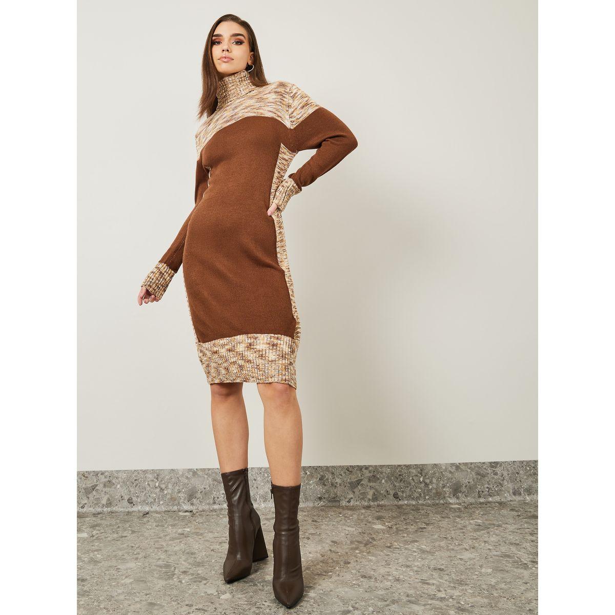 فستان ميدي محبوك بياقة عالية-women-clothing-dresses-image-1