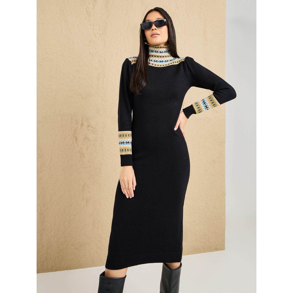 Styli Embroidered Pattern Knit Sweater Midi Dress-women-clothing-dresses-image-2