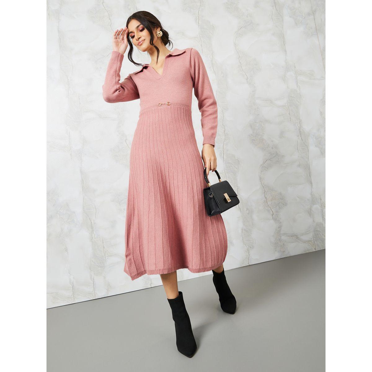 Styli Textured Knit Long Sleeve A-Line Midi Dress-women-clothing-dresses-image-2